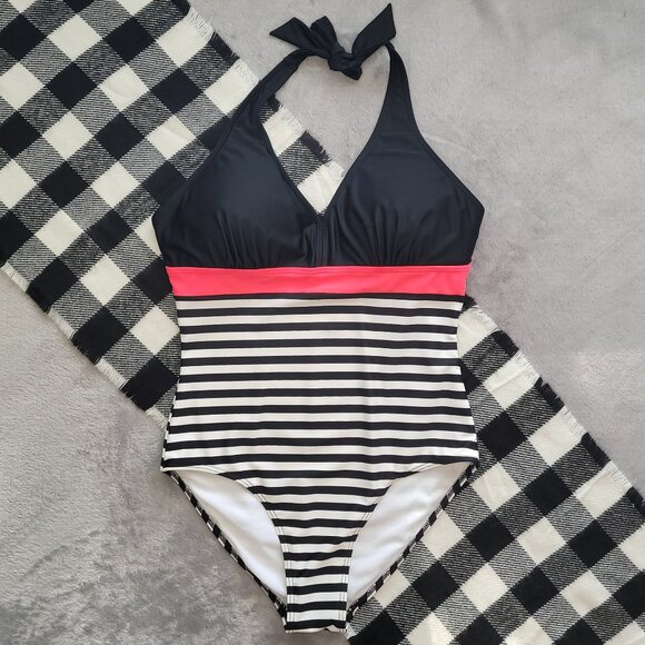 8 | George | Retro Colorblock One-Piece Halter Swimsuit - Picture 1 of 4
